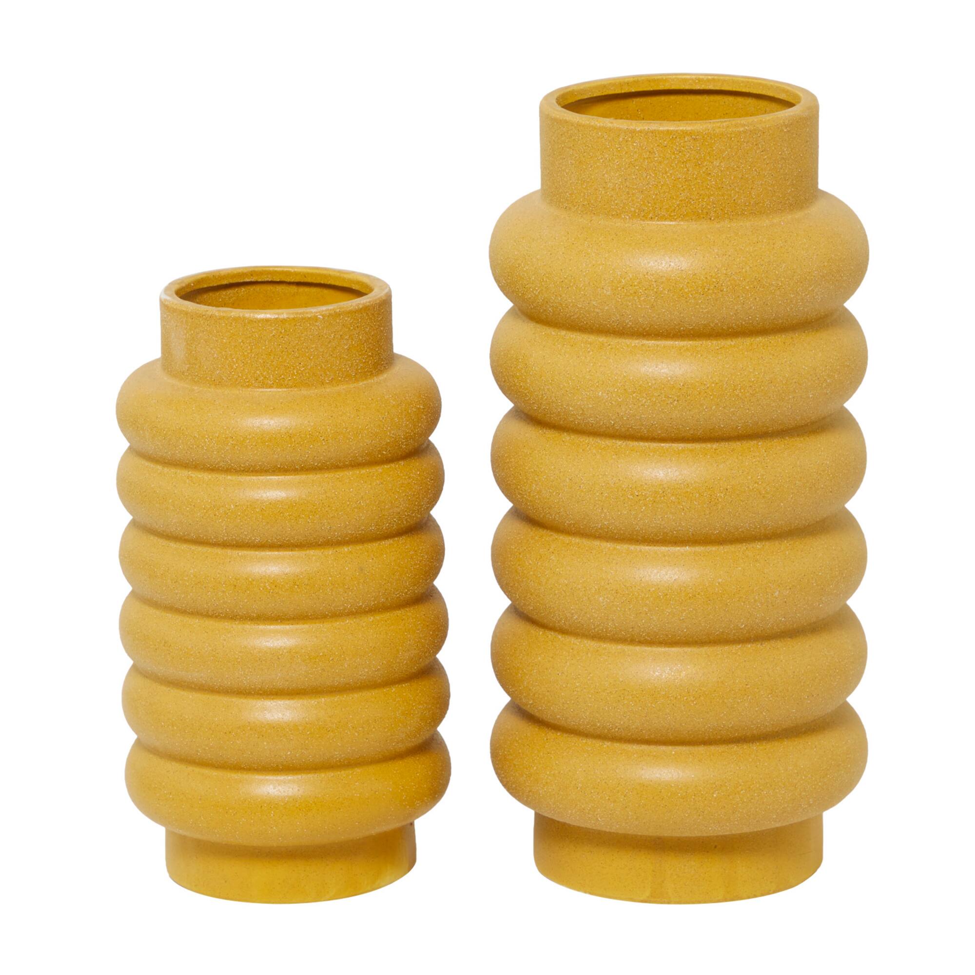 CosmoLiving by Cosmopolitan Yellow Ceramic Vase with Ring Ribbing Set of 2 16", 12"